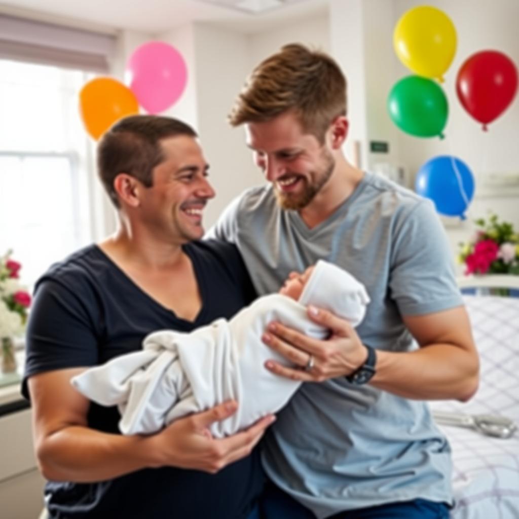 A same-sex couple holding their newborn baby in a bright hospital room, filled with joy and love.