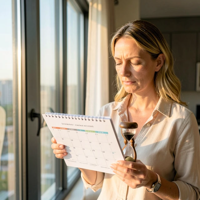 Woman reflecting on fertility preservation and age with an hourglass