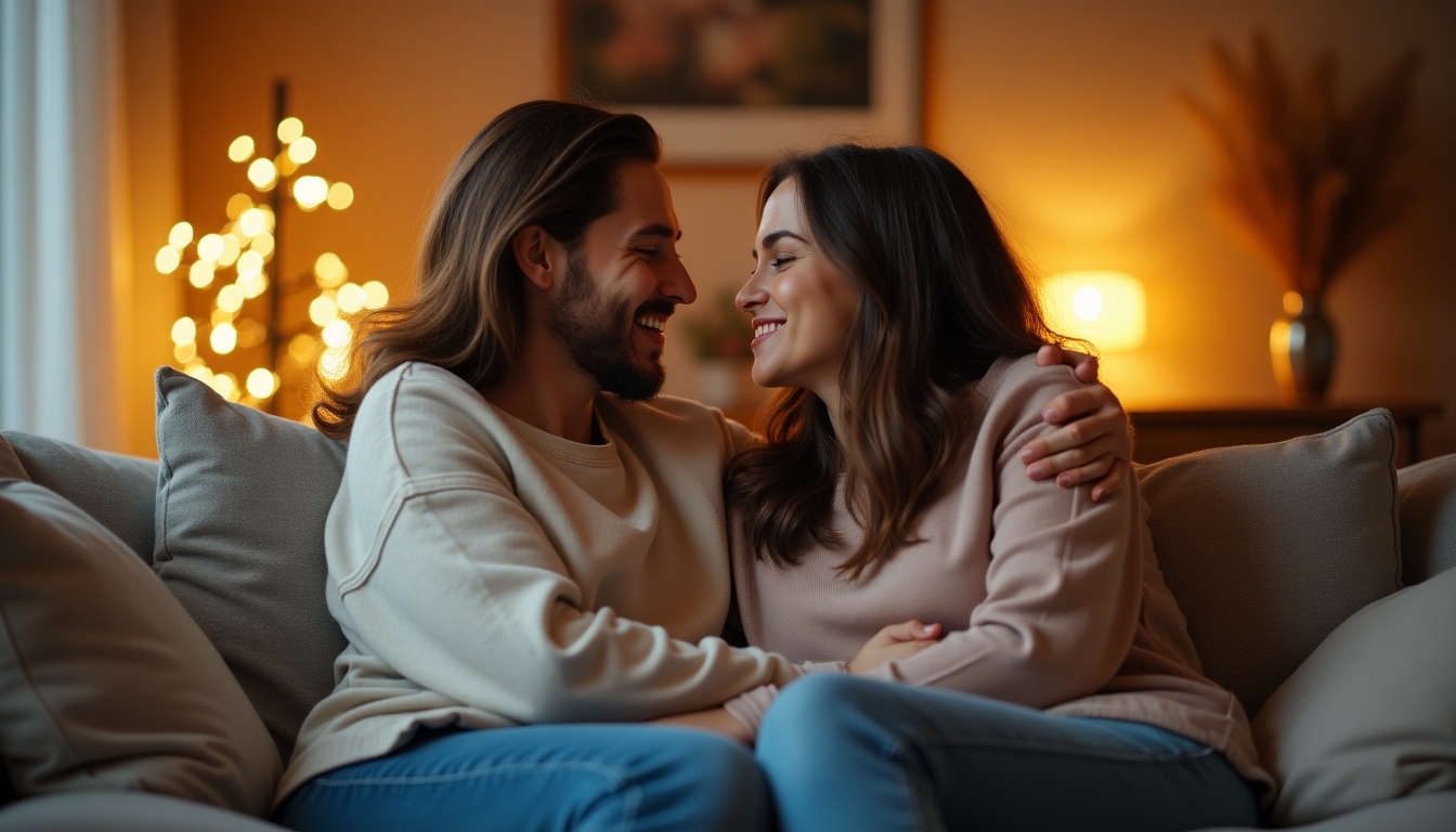 A couple sitting together, comforting each other on a sofa.