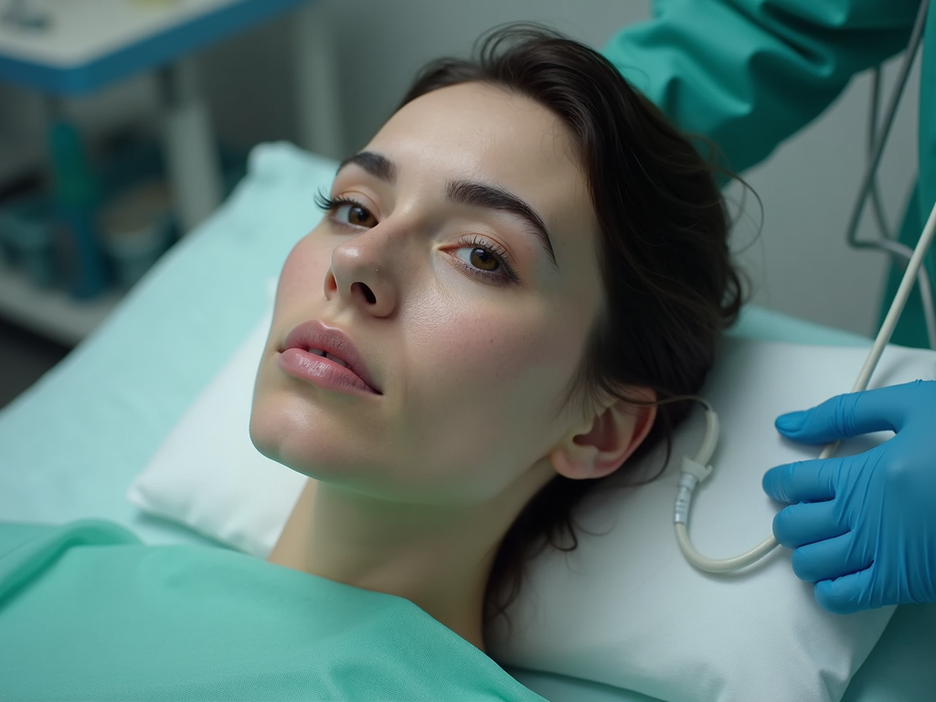 A patient during a fertility preservation procedure, capturing the emotional and physical aspects of the journey.