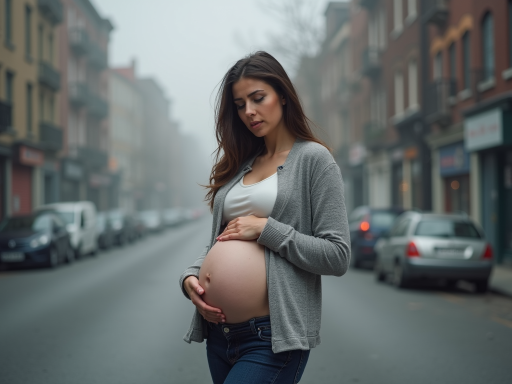 Pregnant woman in polluted street