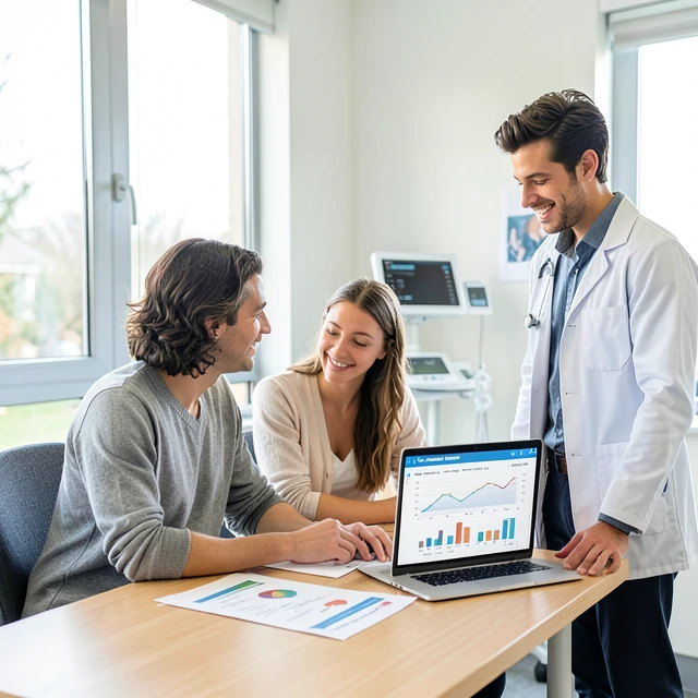 Couple reviewing fertility clinic success rates with a doctor