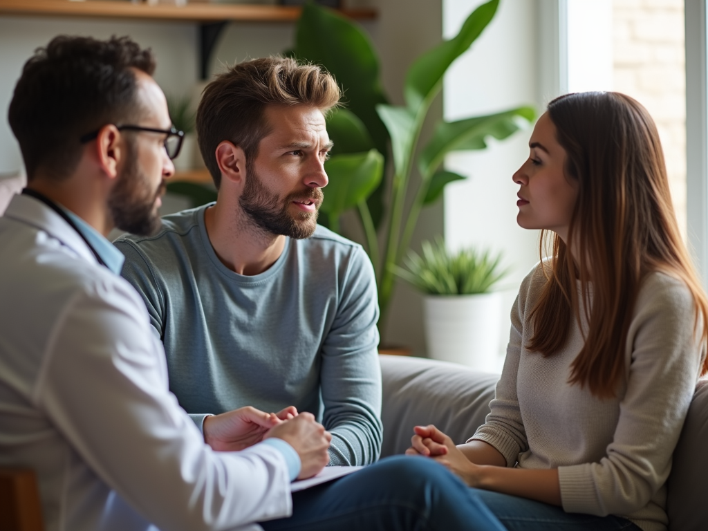 Couple discussing fertility preservation with a doctor.