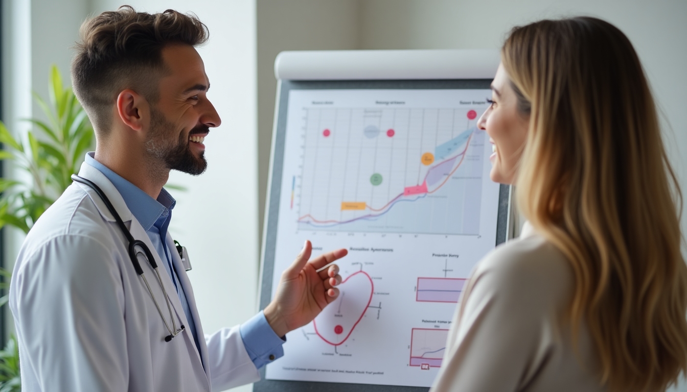 A doctor discussing fertility preservation with a patient using charts and medical diagrams.