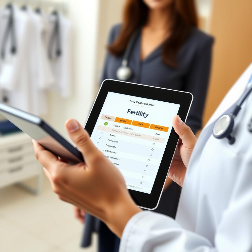 Doctor’s hands with a tablet showing a fertility treatment plan in a medical office.