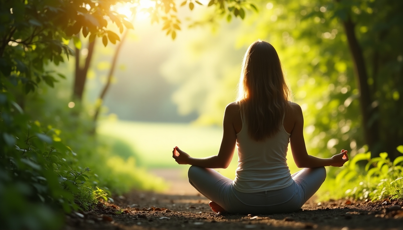 A person practicing meditation in a calm, serene environment.