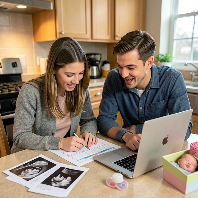 Couple planning finances for upcoming parenthood with budget and baby items