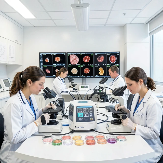 Mayo Clinic IVF lab with embryologists monitoring embryo development