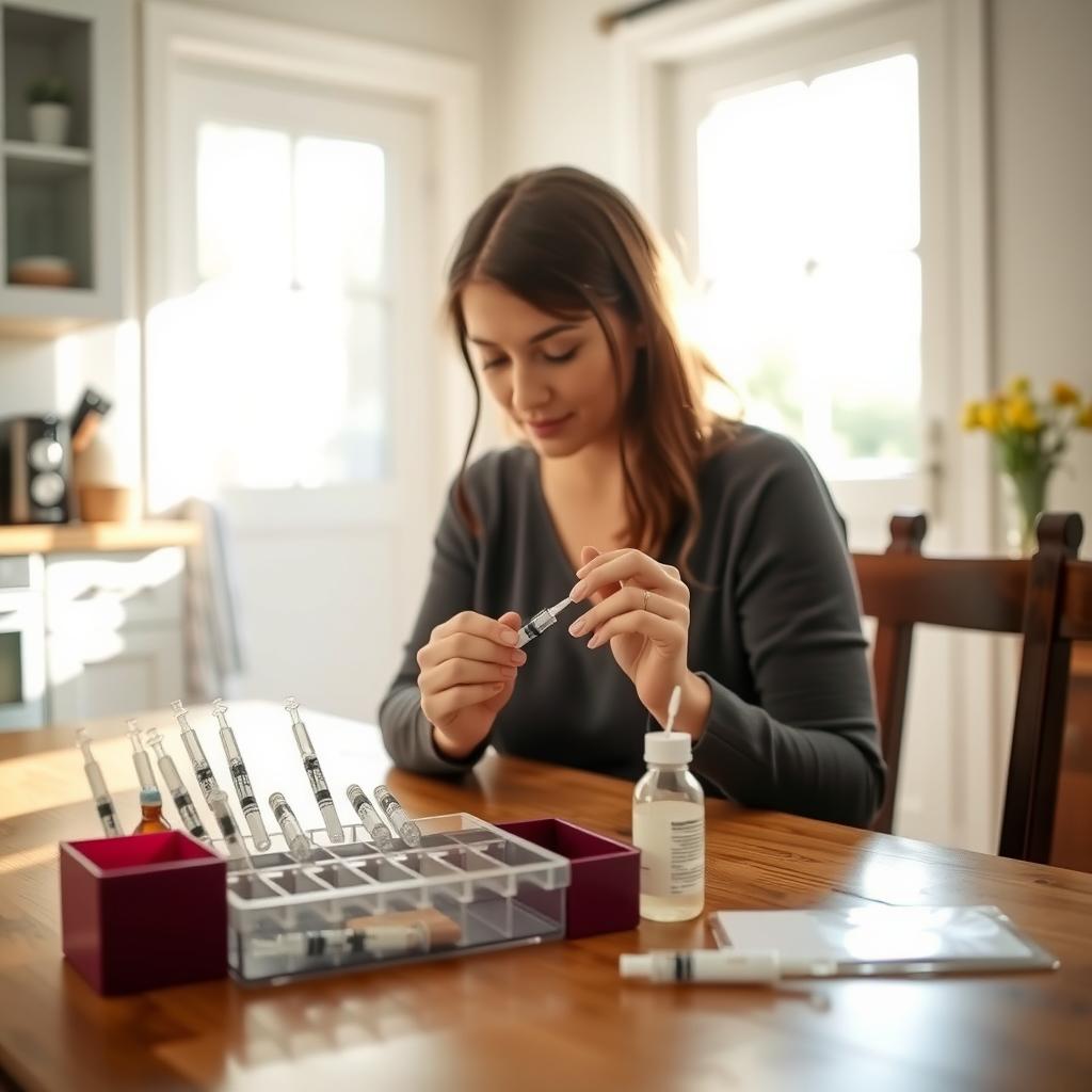 Woman preparing a fertility hormone injection at a kitchen table with organized supplies.