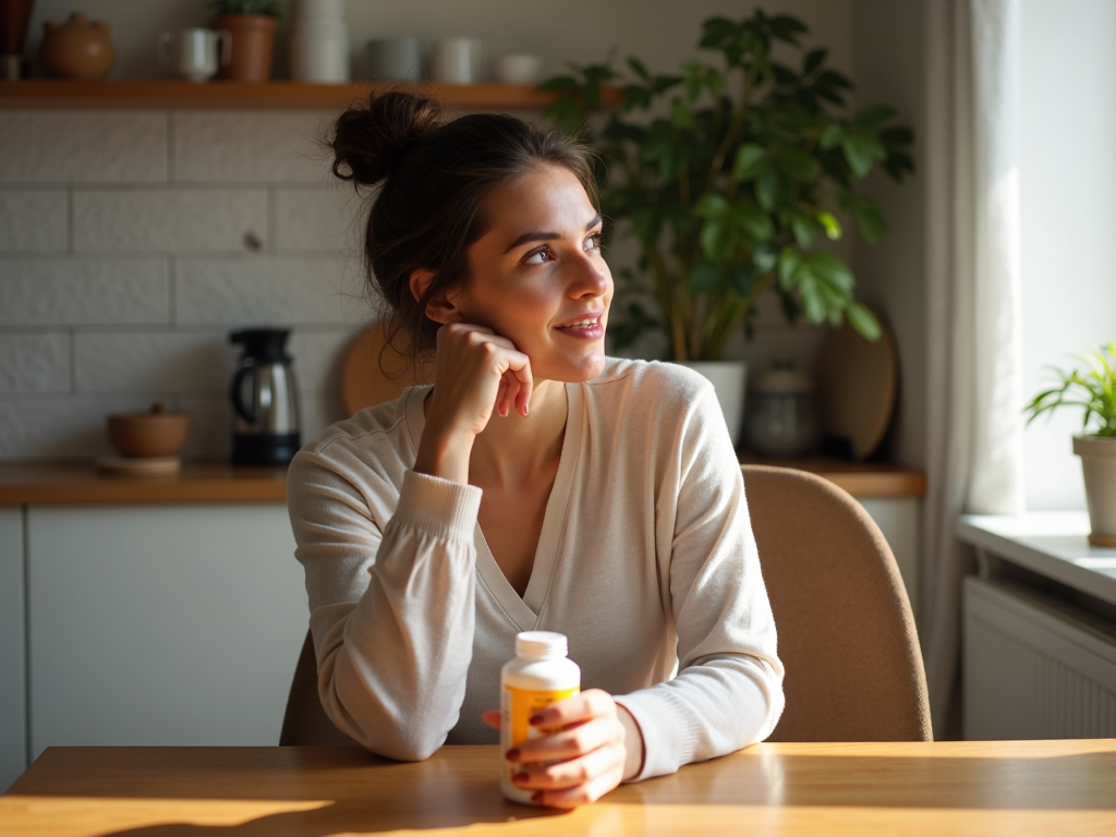 A woman thoughtfully holding a pill bottle, symbolizing the start of fertility treatment for ovulation disorders.