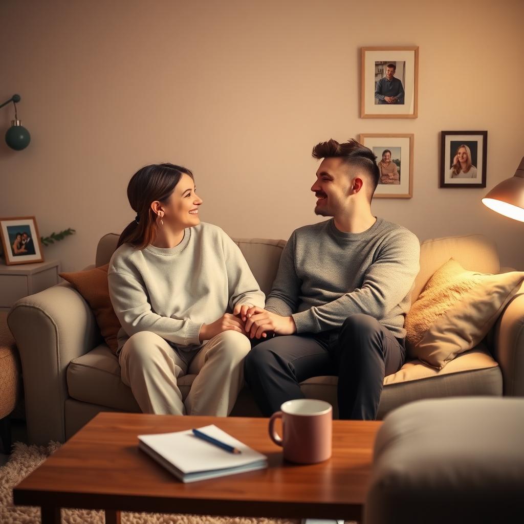Two partners sitting on a couch in a cozy living room, holding hands and sharing a moment of connection.