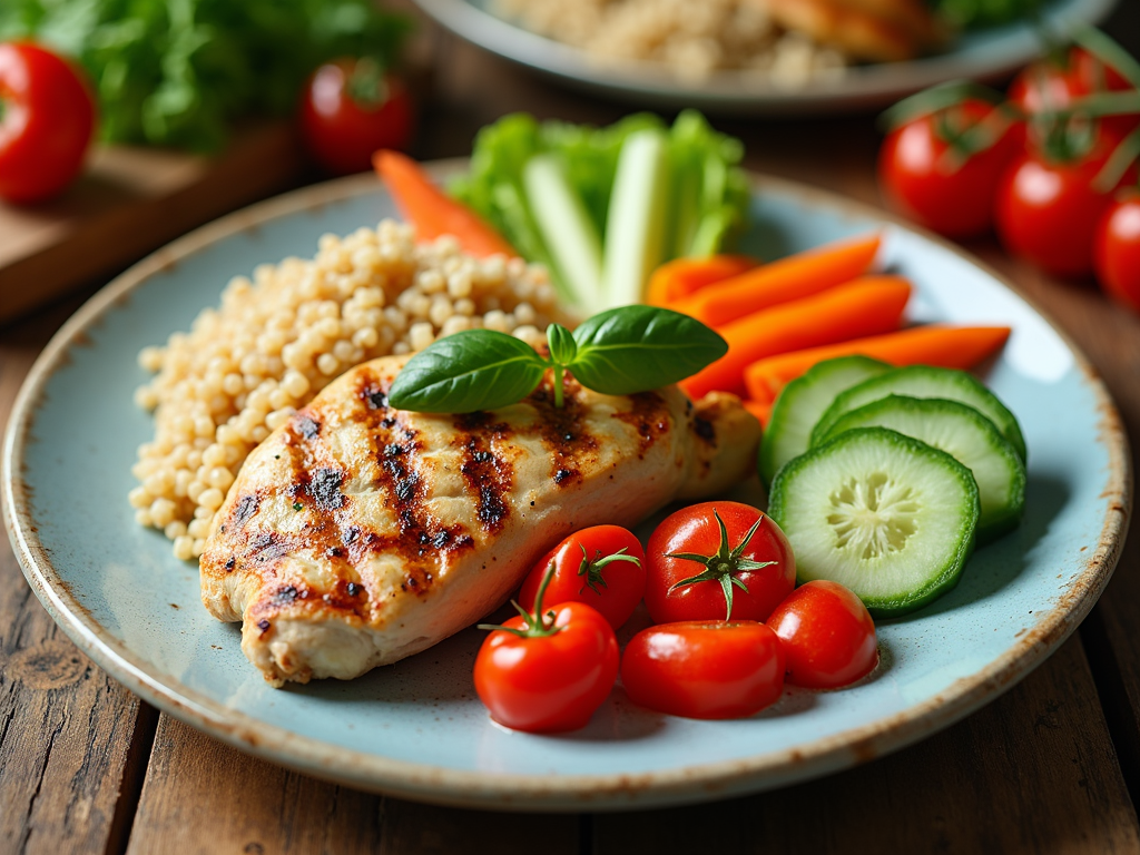 A healthy meal with vibrant vegetables, lean chicken, and quinoa arranged on a rustic wooden table