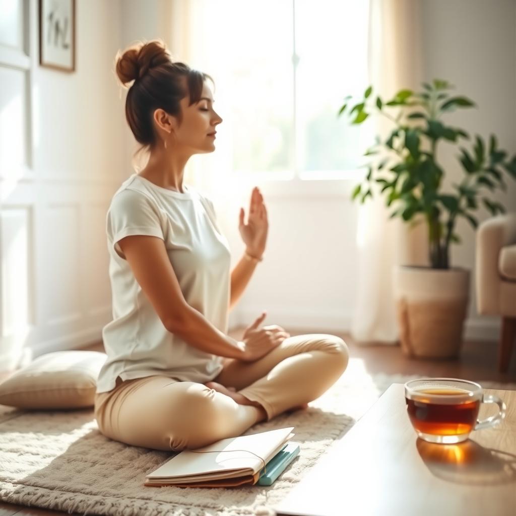 A woman practices deep breathing in a cozy, sunlit living room with a journal and tea nearby.