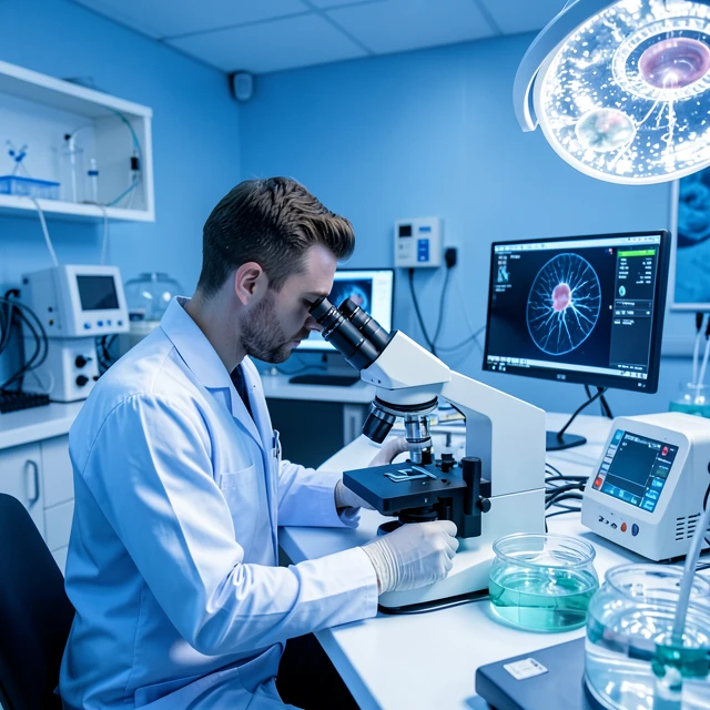 High-tech IVF laboratory with embryologist at work