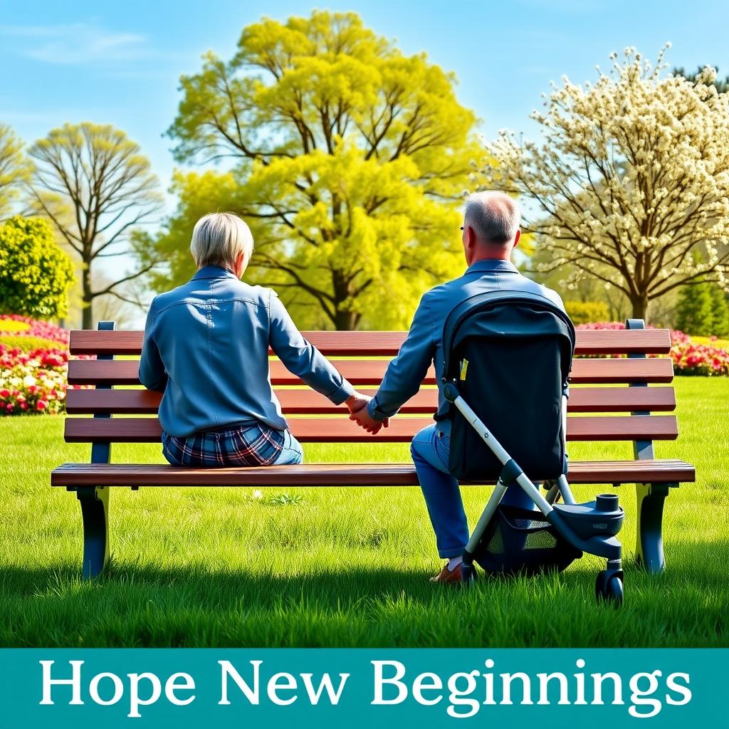 A couple with a stroller in a sunny park
