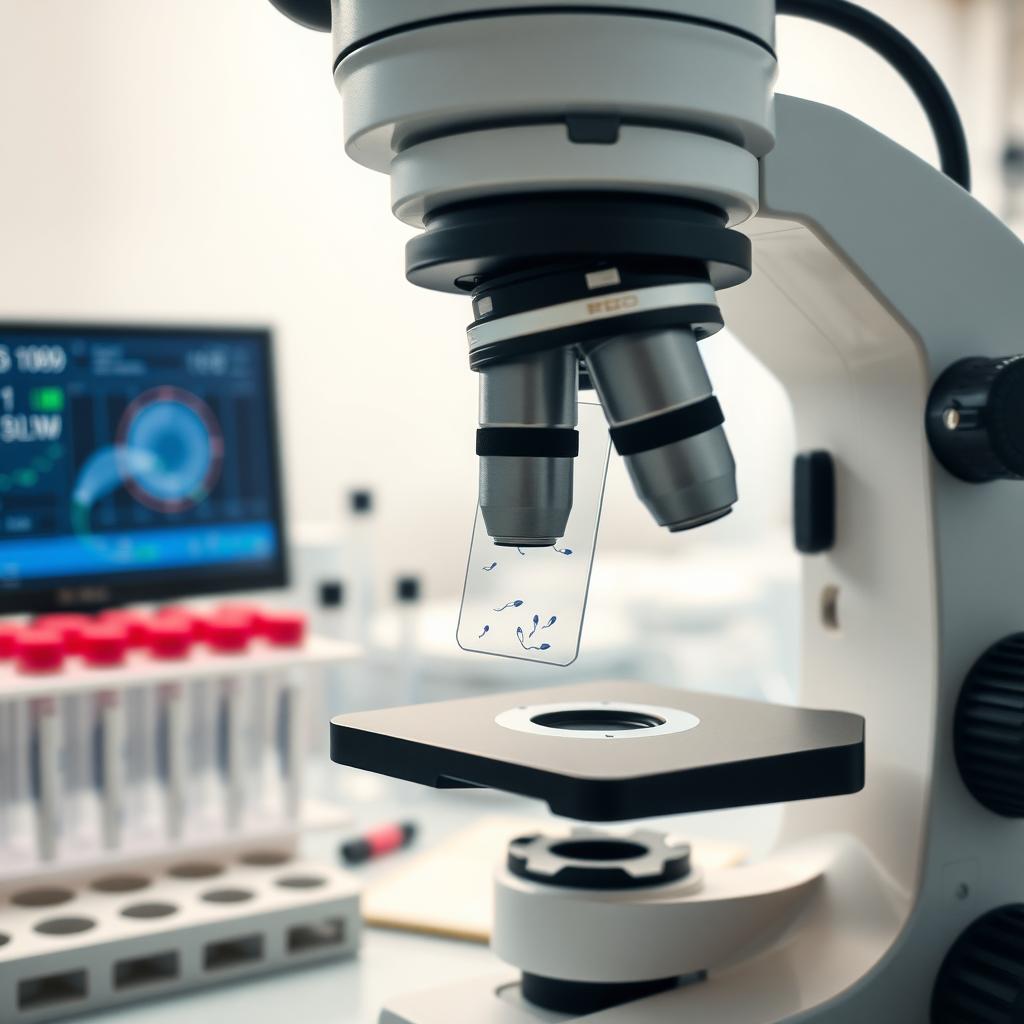 Microscope analyzing a semen sample in a fertility lab