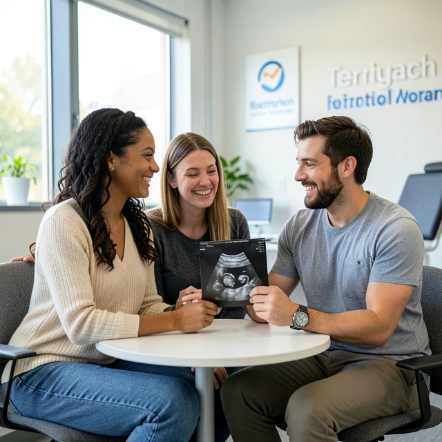 Happy couple in fertility clinic holding ultrasound photo