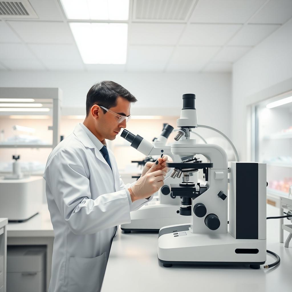 Modern fertility clinic lab with a scientist examining a sample under a microscope.