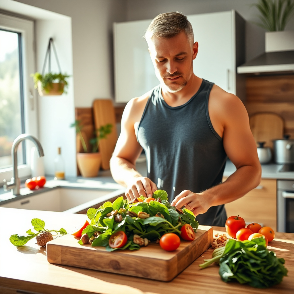 Man preparing a healthy salad in a sunny kitchen