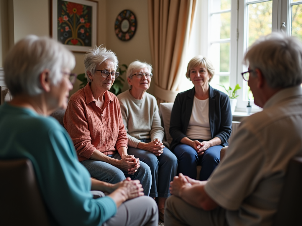 A group of cancer patients sitting in a circle, talking and supporting each other in a warm room.