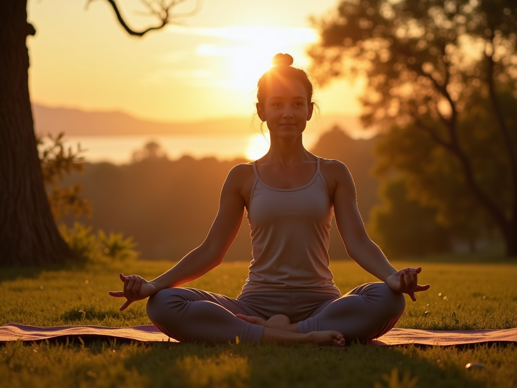 Person practicing yoga outdoors at sunset, embodying peace and stress relief.