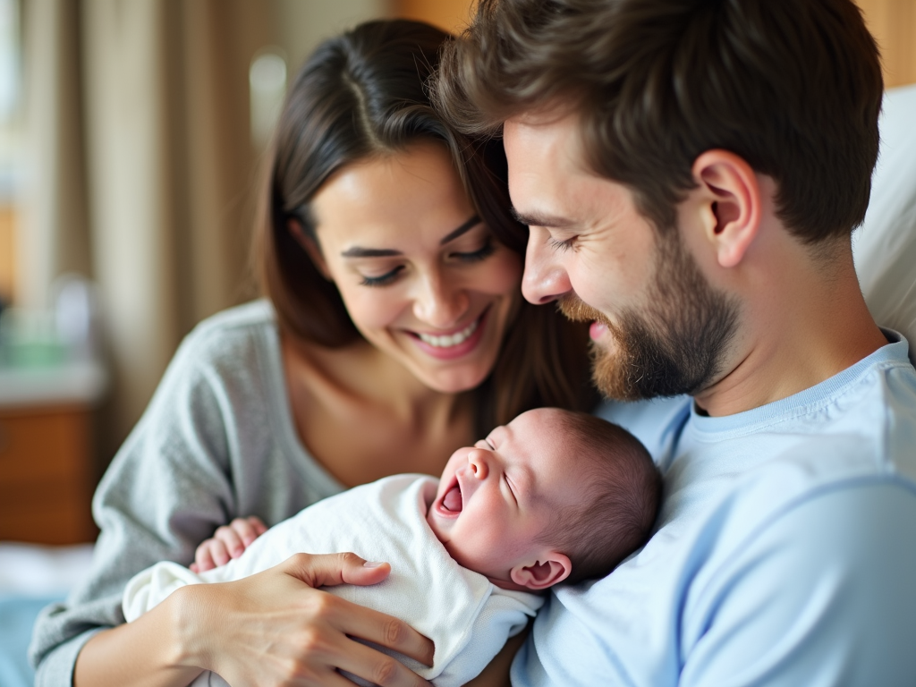 Family celebrating the birth of their child after fertility treatments.