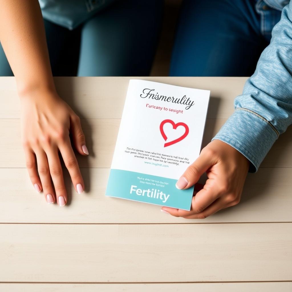 A couple holding hands across a table, with a fertility clinic pamphlet in front of them. The image captures a quiet, supportive moment, reflecting the emotional side of the journey.
