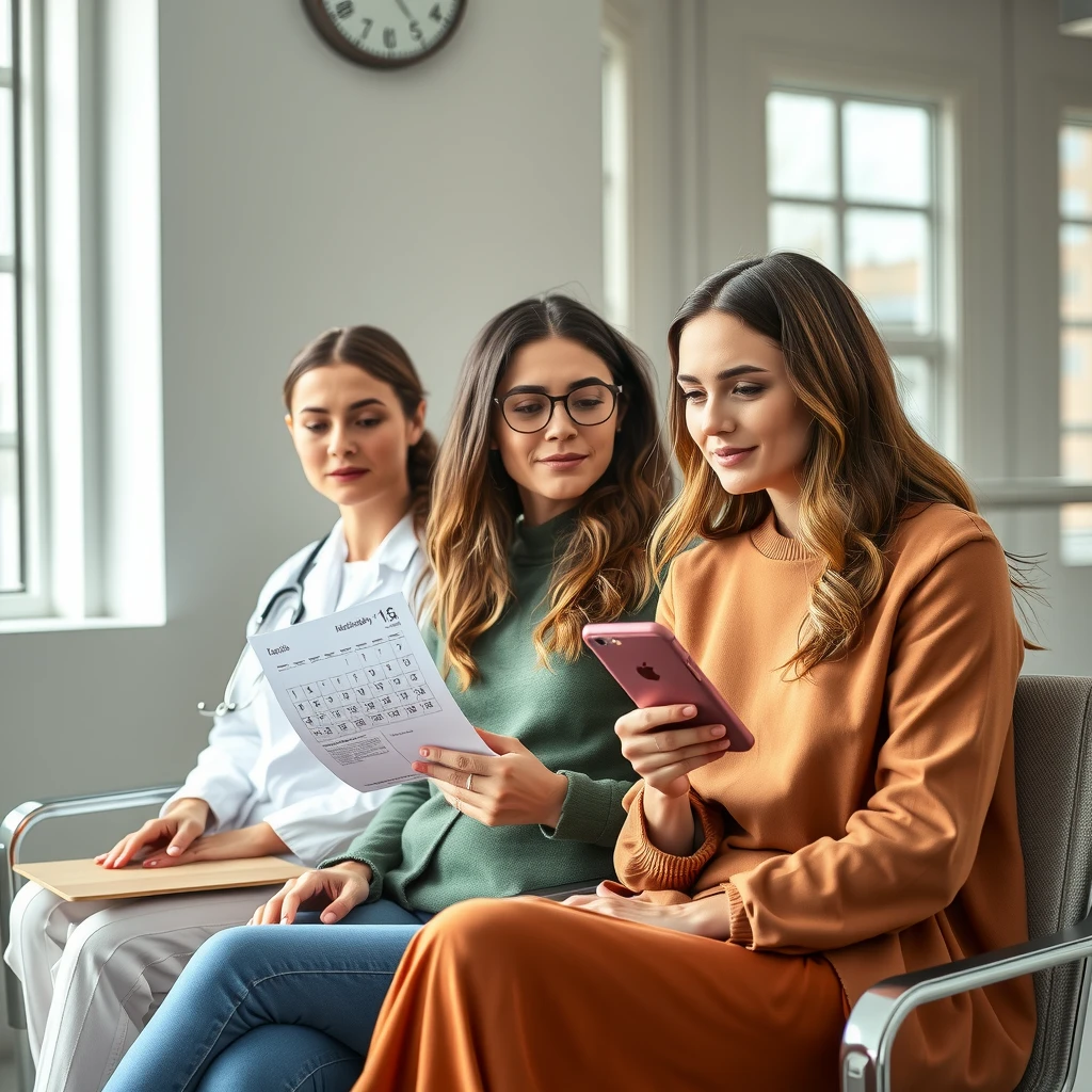 Women discussing fertility plans in a clinic waiting room