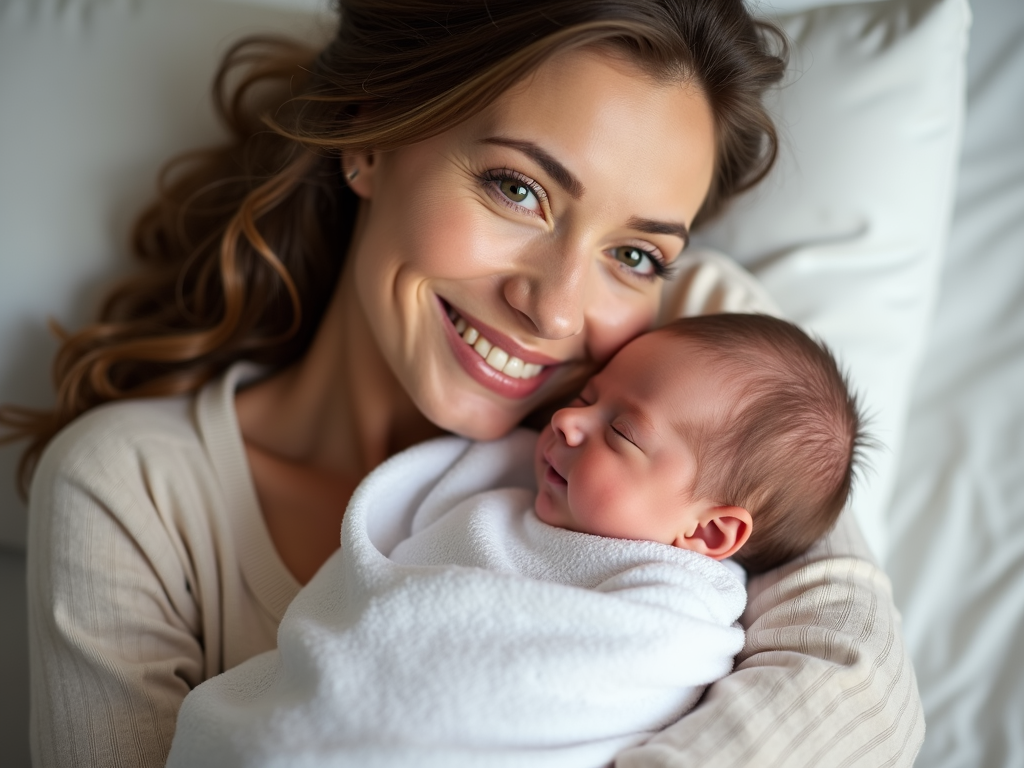 A mother holding her baby after successful IVF treatment.