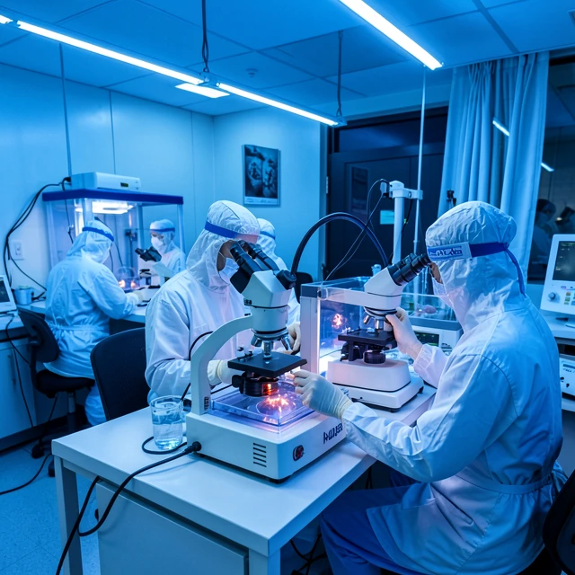 Modern fertility lab with scientists examining embryos
