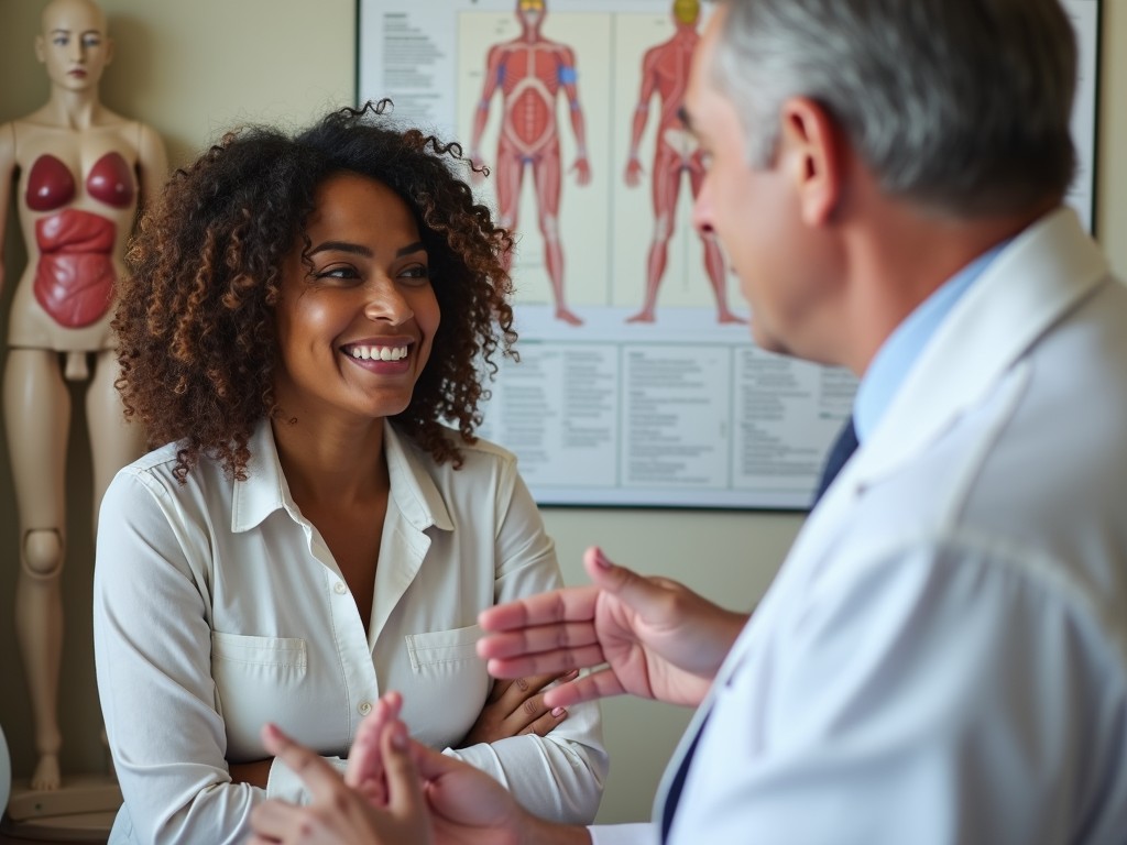 A woman in a lab discussing fertility treatment options with her doctor, both looking at lab results on a tablet.