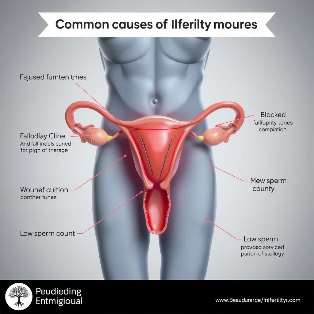Illustration showing common causes of infertility in male and female reproductive systems