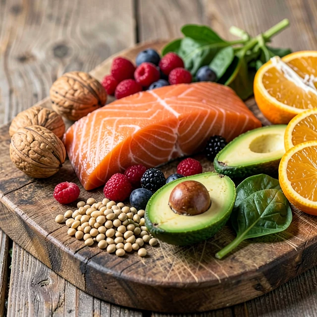 Assortment of superfoods like walnuts, salmon, berries, and greens for natural fertility support