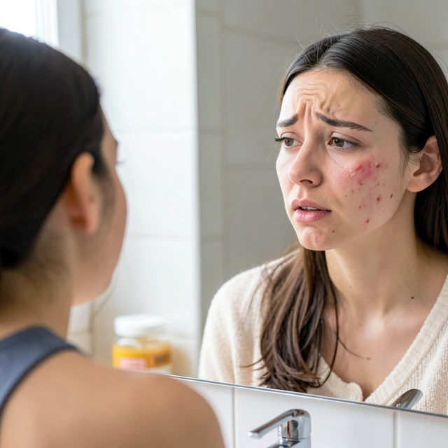 Woman checking her face in mirror for signs of hormonal acne and skin changes