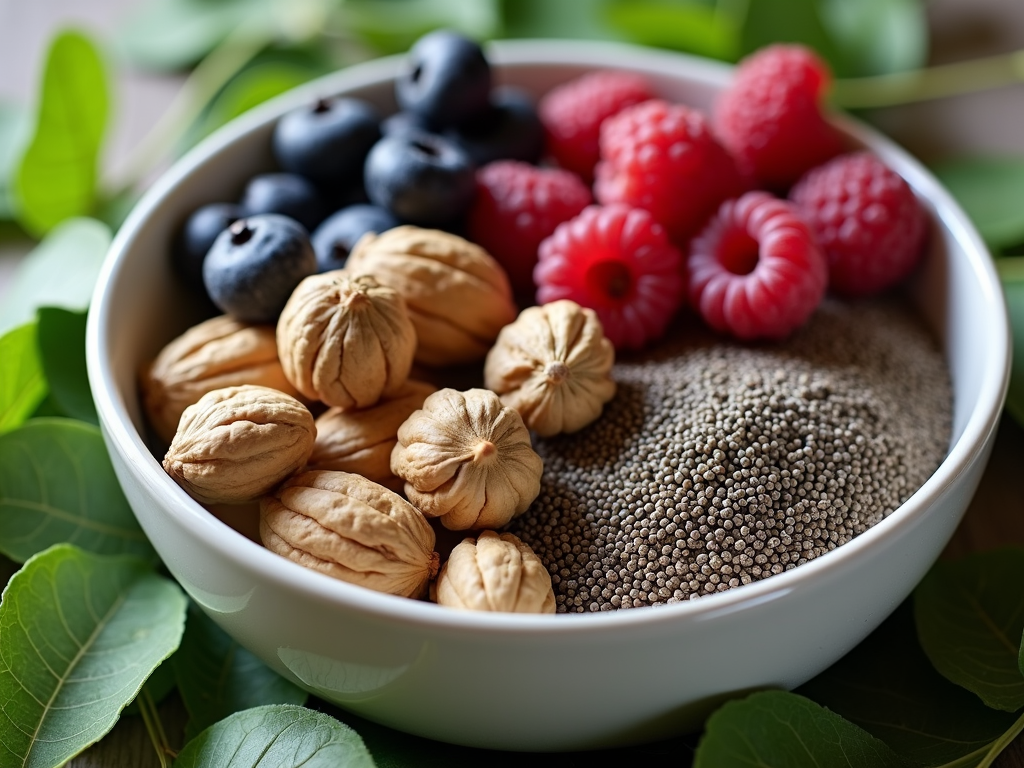 A bowl of nuts and berries, easy foods to support fertility.
