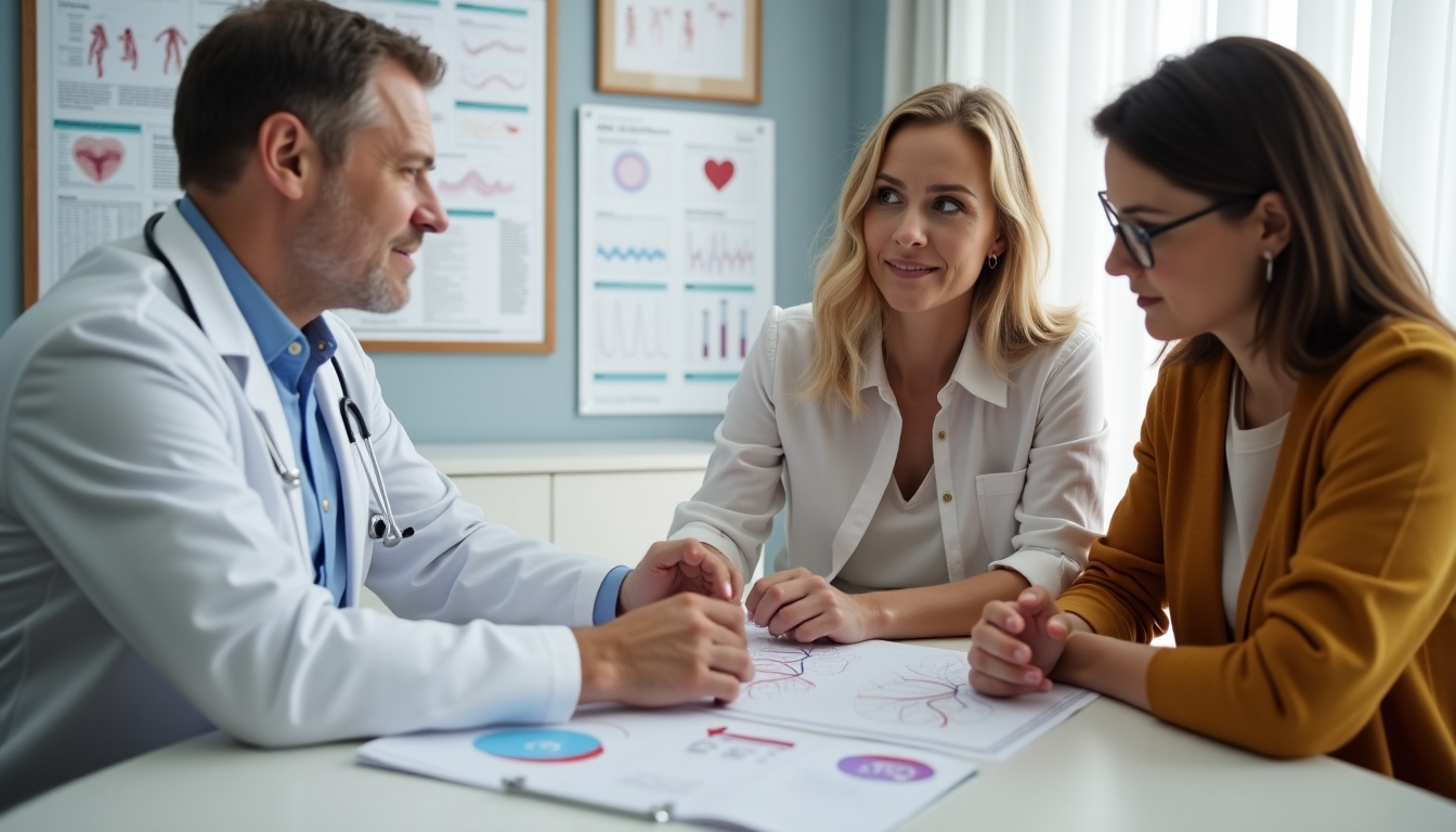 A doctor explaining fertility preservation methods to a young couple in a cozy office setting.