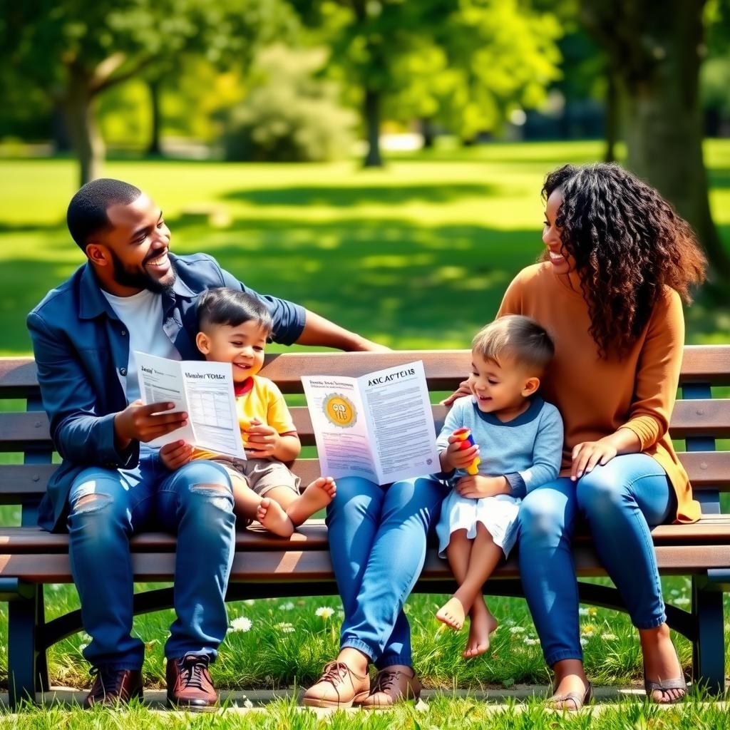 Family with two children on a park bench, parents holding tax paperwork.