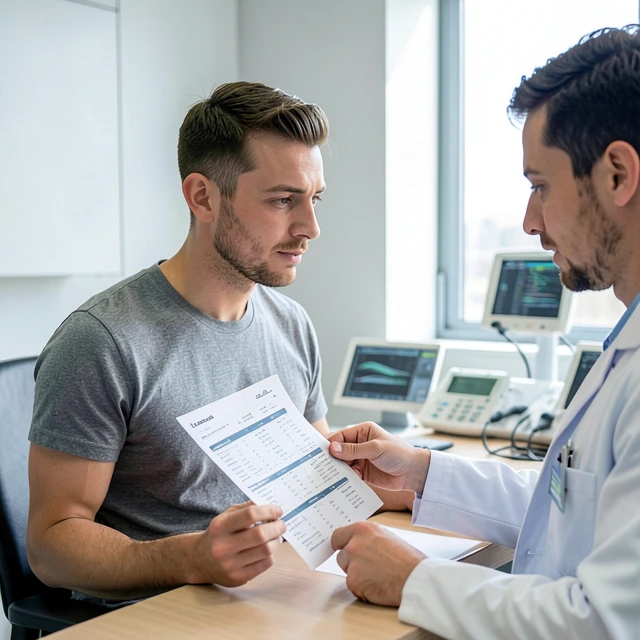 Man discussing male infertility test results with doctor
