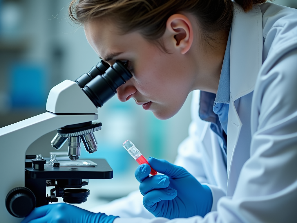 Lab technician analyzing a semen sample under a microscope.