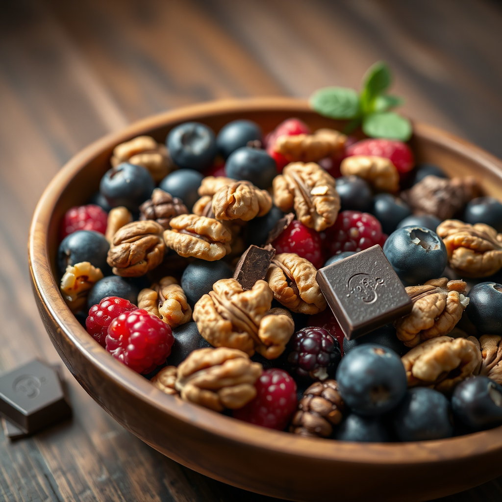 Bowl of berries, nuts, and dark chocolate boosting fertility with antioxidants