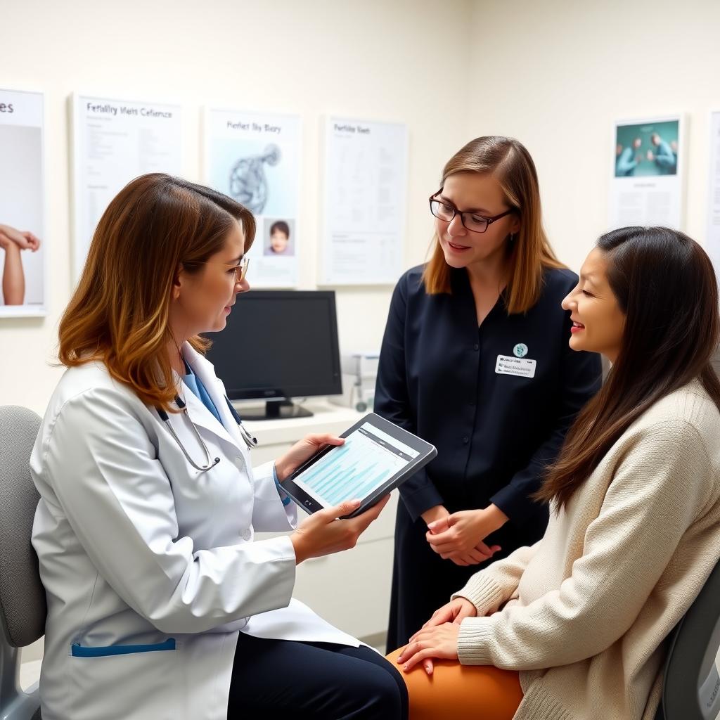 Doctor and patient discussing fertility treatment options in a medical office.