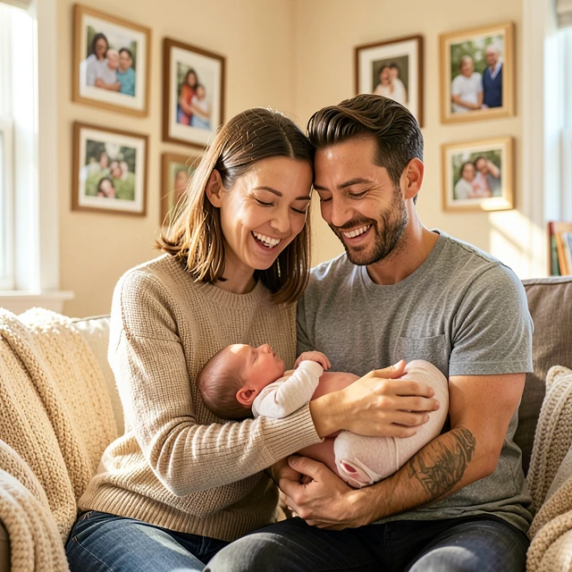 Happy family with newborn celebrating successful fertility treatment