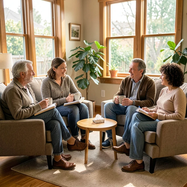 Diverse group of adults in an in-person fertility support circle sharing experiences