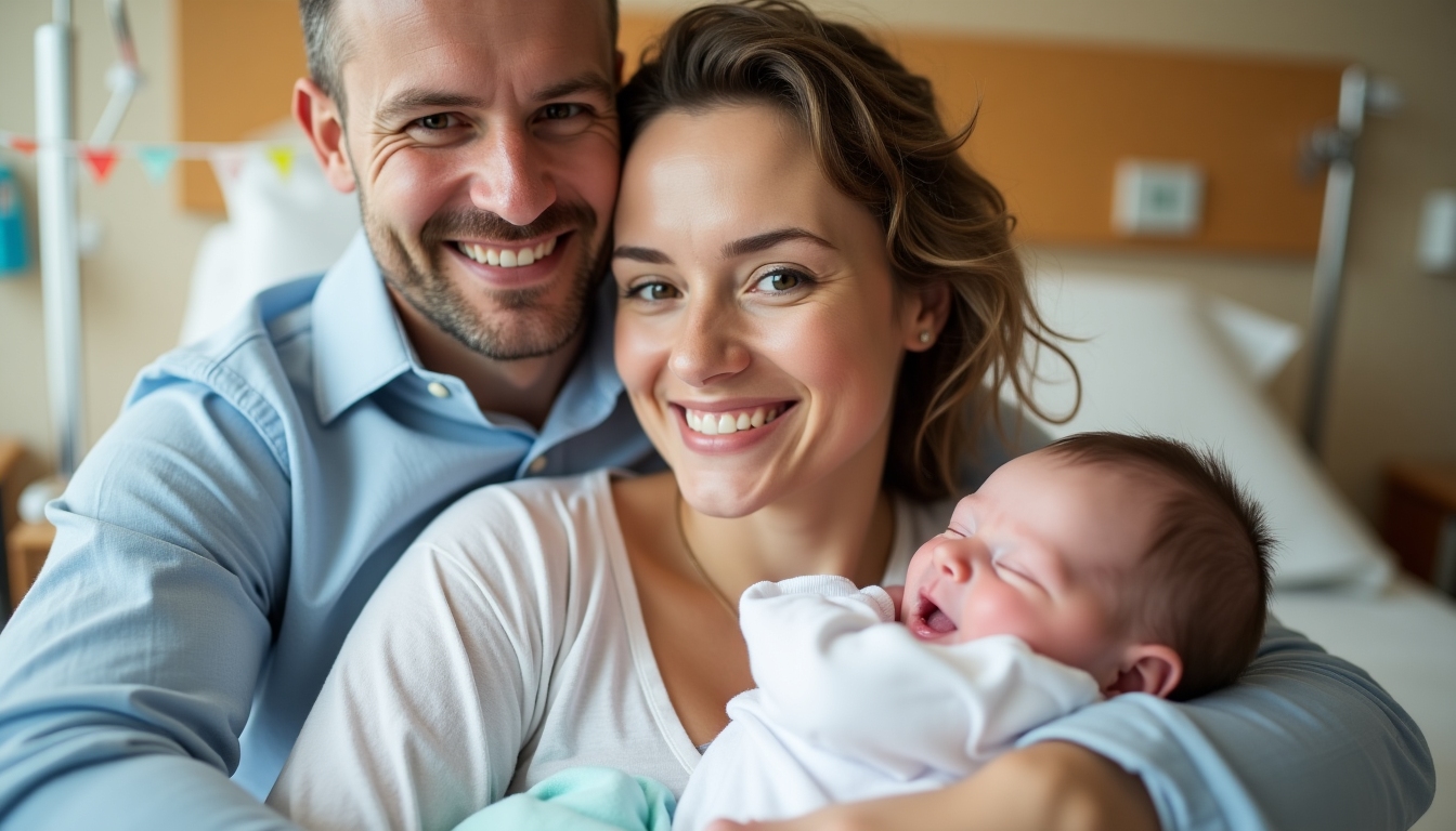 A joyful couple sharing a tender moment with their newborn baby.