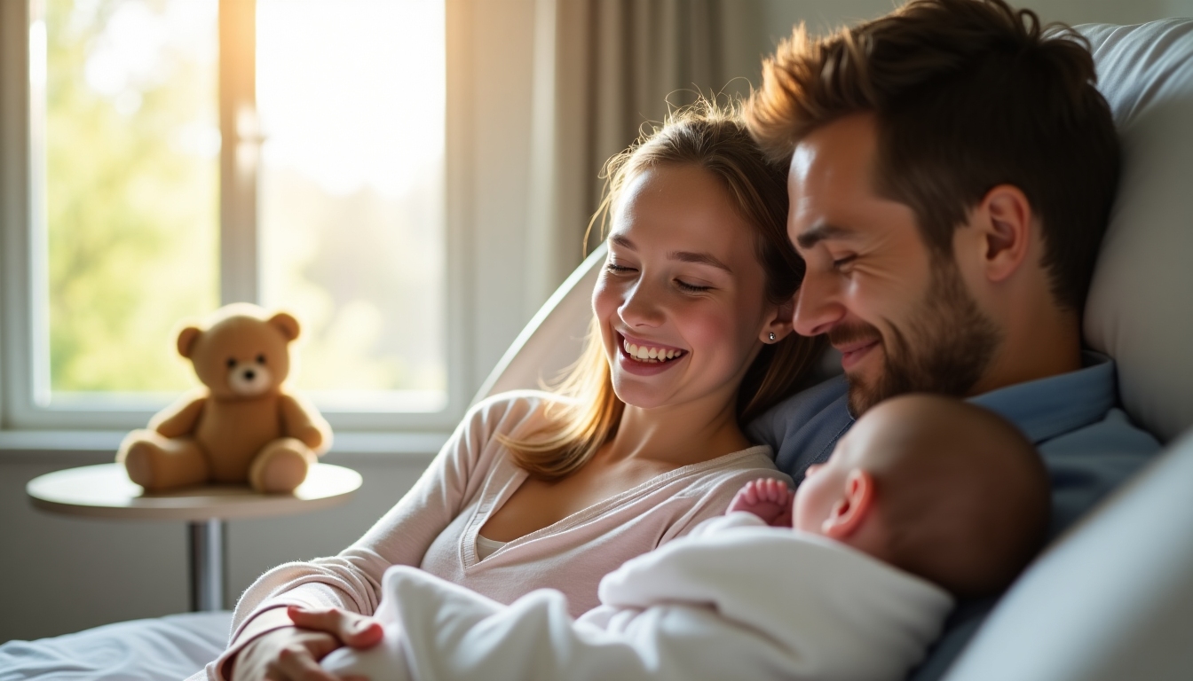 Couple with newborn after IVF success