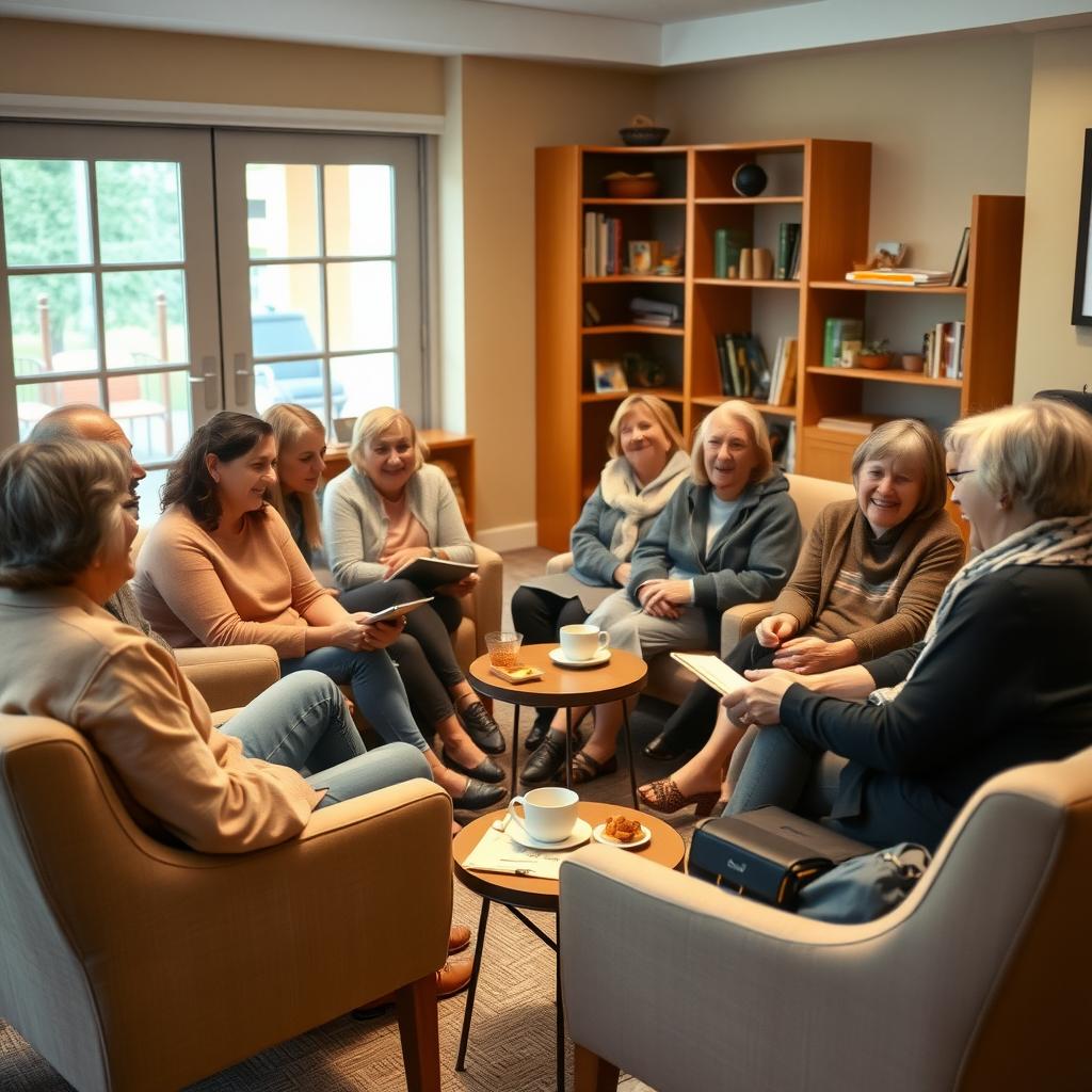 A group of people in a cozy community center sharing stories.