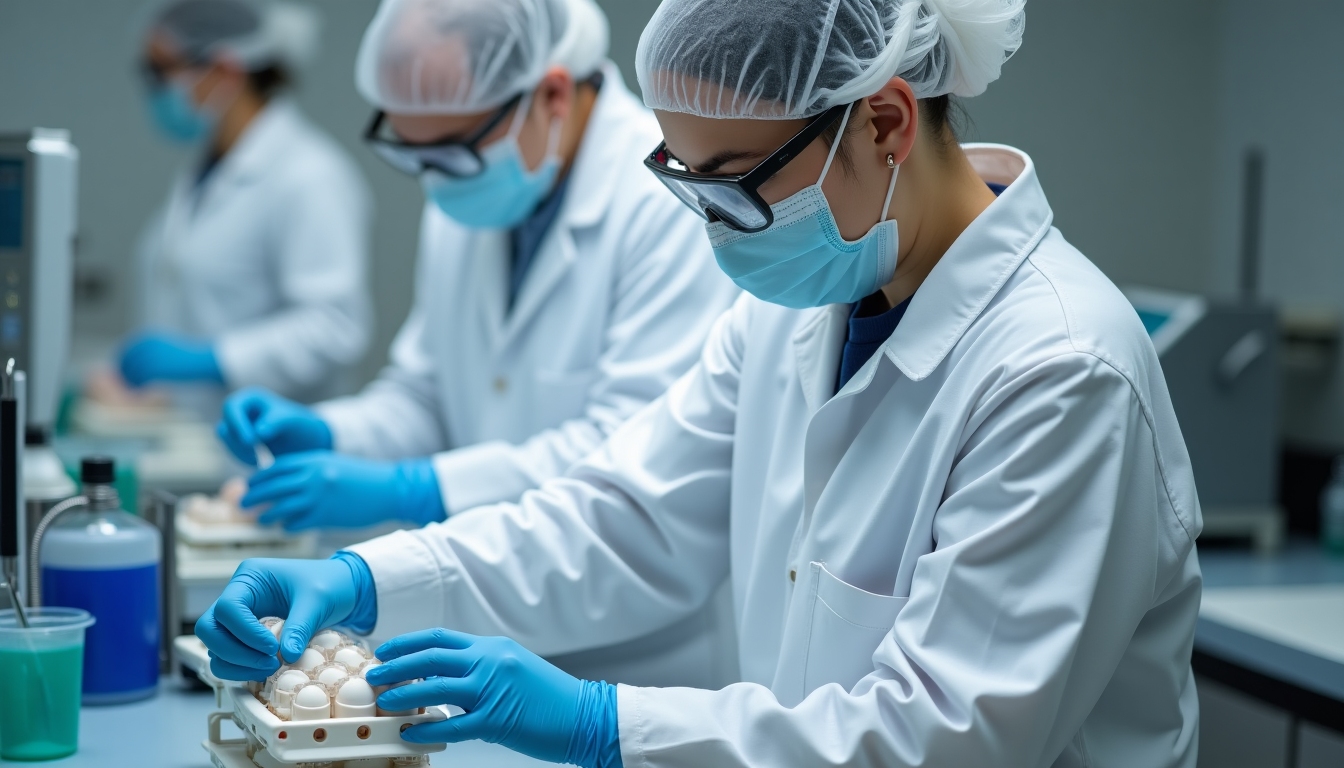 Close-up of medical professionals handling laboratory equipment for egg freezing.