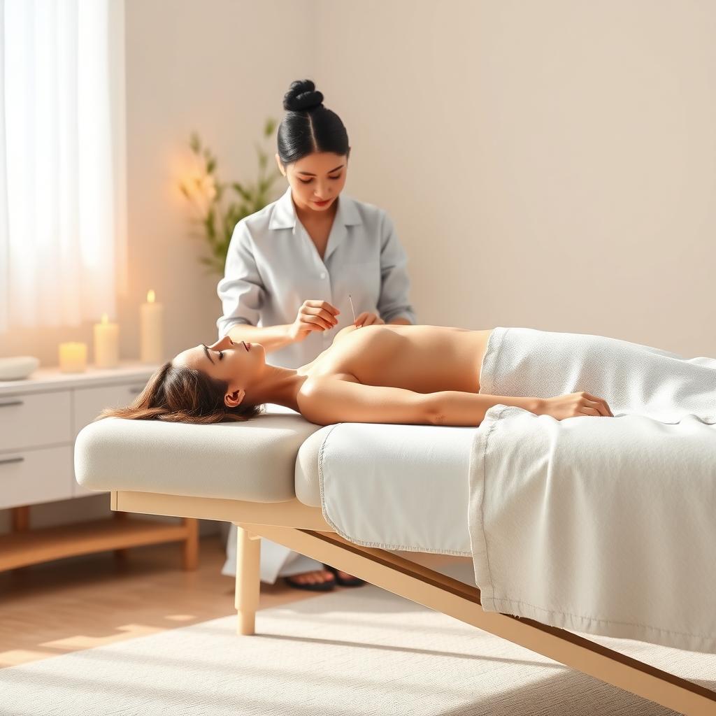Woman receiving acupuncture in a serene clinic, highlighting its benefits for endometriosis relief.