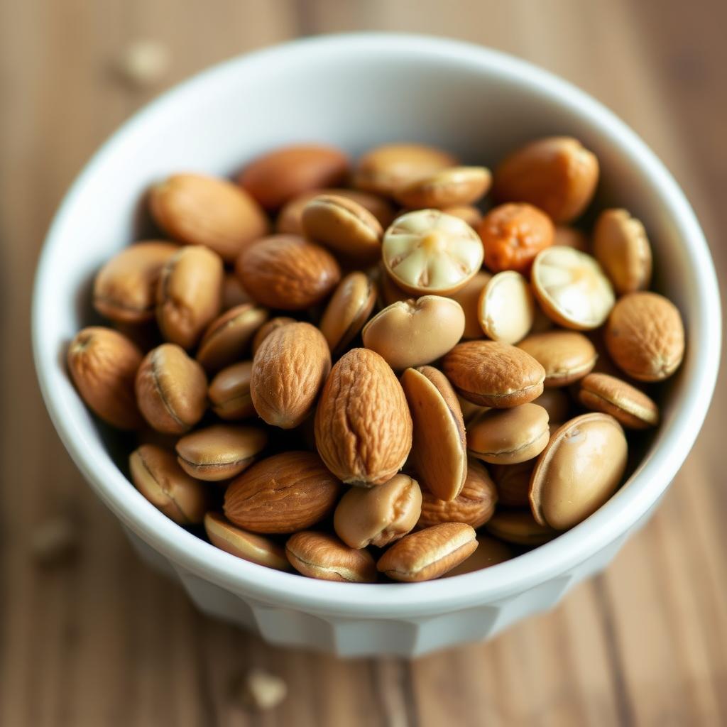 A bowl of mixed nuts and seeds on a table.