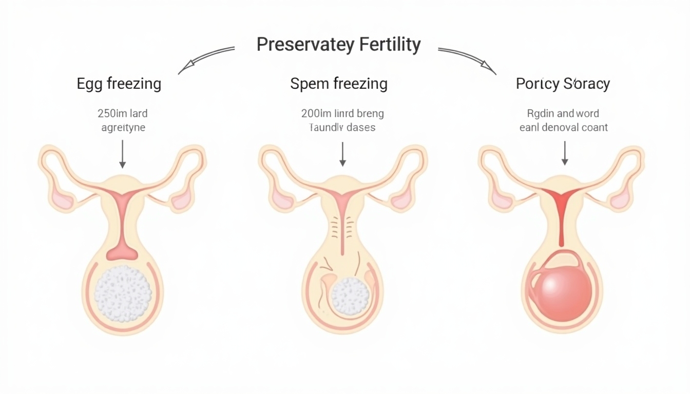 Illustration showing various fertility preservation methods: egg freezing, sperm freezing, and embryo storage facilities.